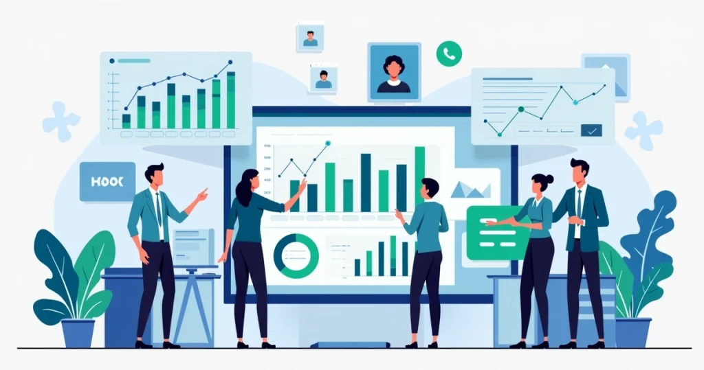 Ilustração corporativa de equipe analisando gráficos e métricas em telas digitais sobre engajamento em grupos de WhatsApp