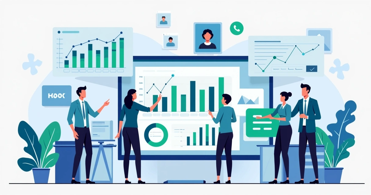 Ilustração corporativa de equipe analisando gráficos e métricas em telas digitais sobre engajamento em grupos de WhatsApp