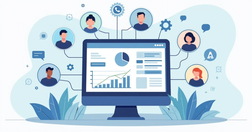 Ilustração corporativa de pessoas e ícones digitais conectados em tela de computador representando automação e engajamento em grupos empresariais