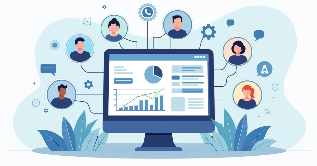 Ilustração corporativa de pessoas e ícones digitais conectados em tela de computador representando automação e engajamento em grupos empresariais