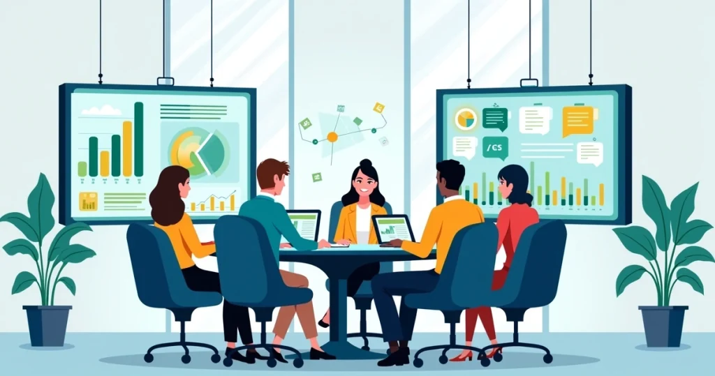 Ilustração corporativa plana mostrando profissionais em reunião analisando gráficos e métricas em telas digitais