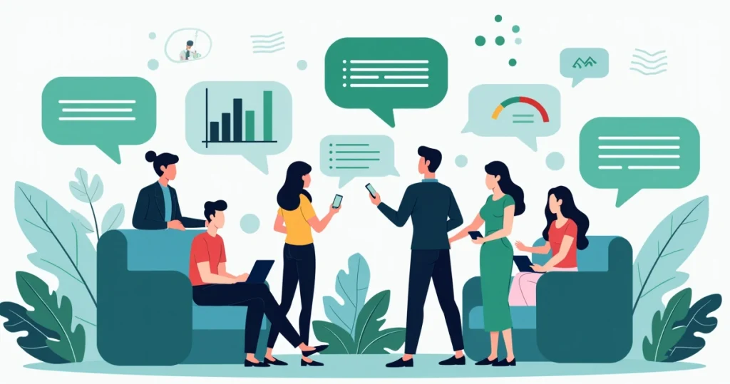 Ilustração corporativa de pessoas interagindo em grupos de WhatsApp com gráficos de engajamento e métricas ao fundo
