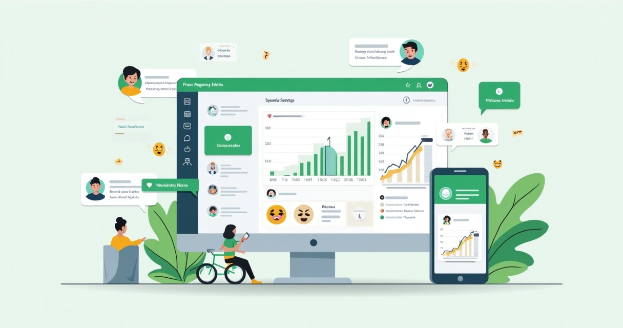 Painel de controle digital mostrando métricas de engajamento em grupos de WhatsApp com ícones de mensagens, gráficos e emojis coloridos