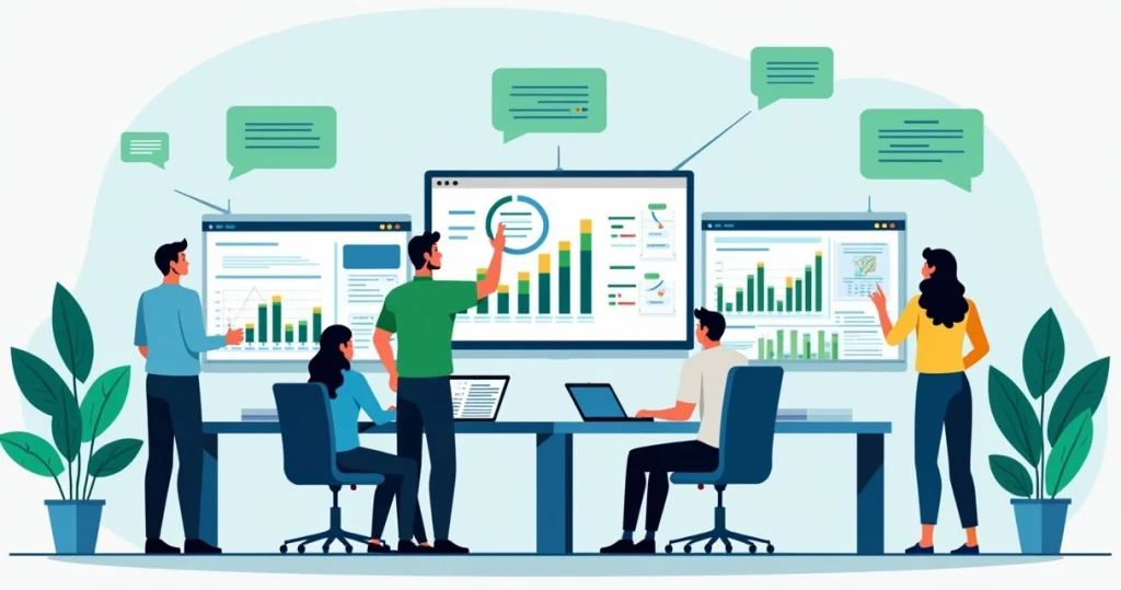 Ilustração corporate flat mostrando pessoas analisando gráficos e métricas em telas digitais para gestão de grupos empresariais