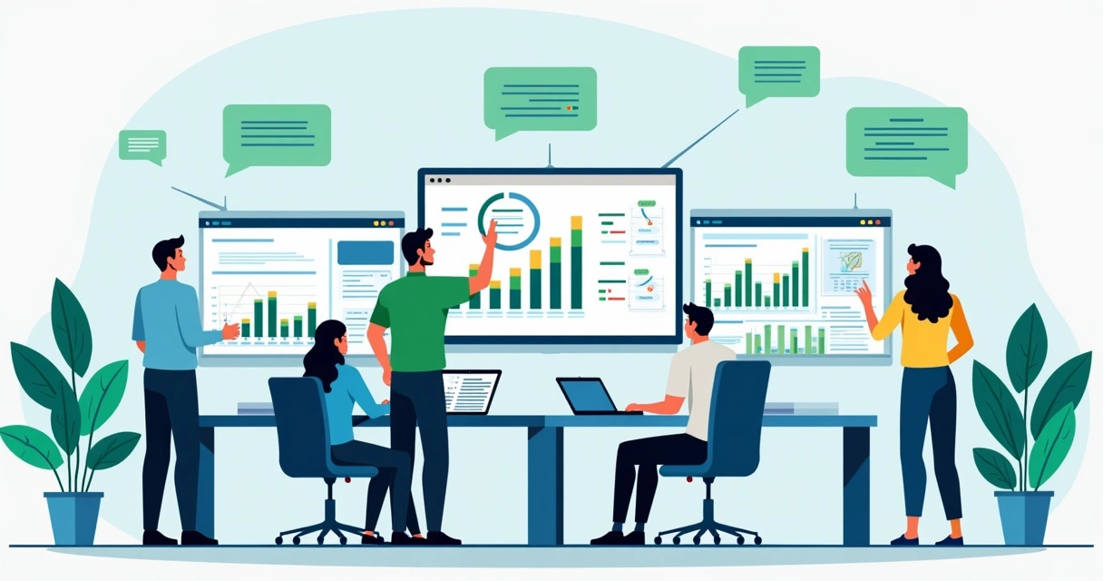 Ilustração corporate flat mostrando pessoas analisando gráficos e métricas em telas digitais para gestão de grupos empresariais