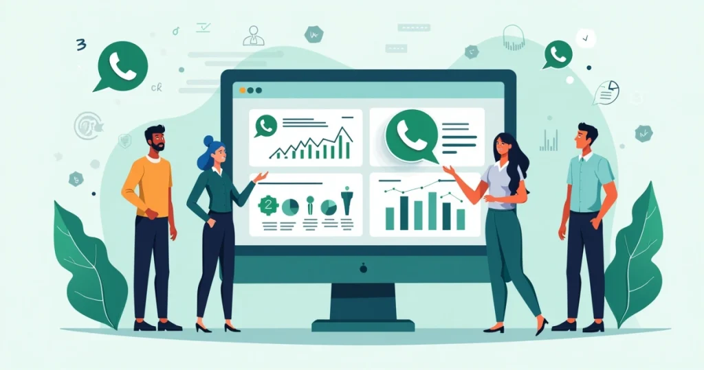 Ilustração corporativa plana de análise de métricas e engajamento em grupos de WhatsApp com gráficos e pessoas interagindo