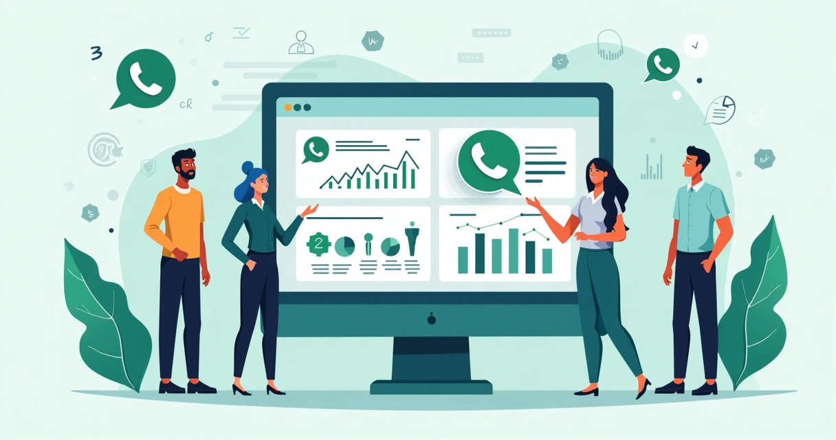Ilustração corporativa plana de análise de métricas e engajamento em grupos de WhatsApp com gráficos e pessoas interagindo