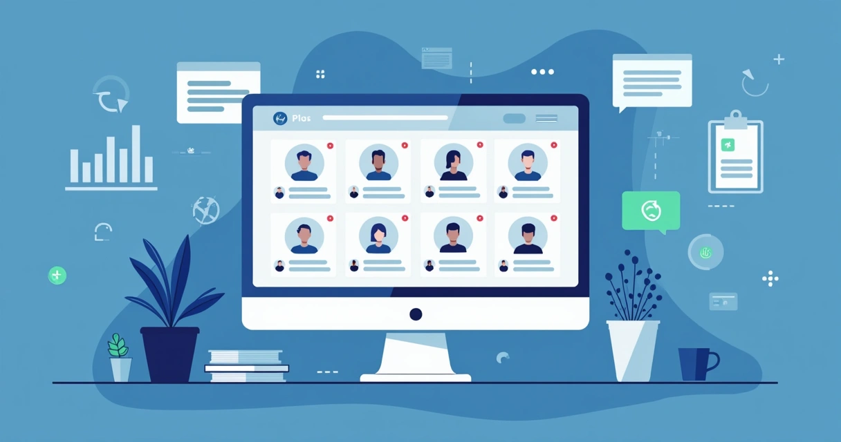 Ilustração flat corporativa mostrando uma tela de computador com análise de métricas de grupos de WhatsApp e usuários destacados como inativos