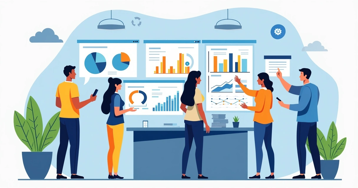 Ilustração corporativa de pessoas analisando relatórios automáticos em telas digitais com gráficos e métricas coloridas
