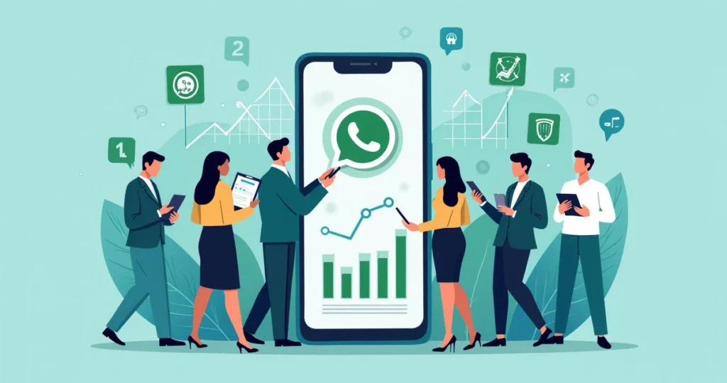 Ilustração flat corporativa mostrando dados e gráficos sobre tela de celular com ícones do WhatsApp e pessoas interagindo