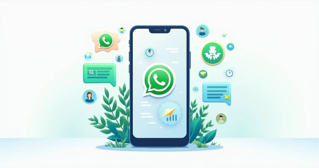 Ilustração corporativa flat de smartphone exibindo chat do WhatsApp com ícones de automação e gráficos de métricas ao redor