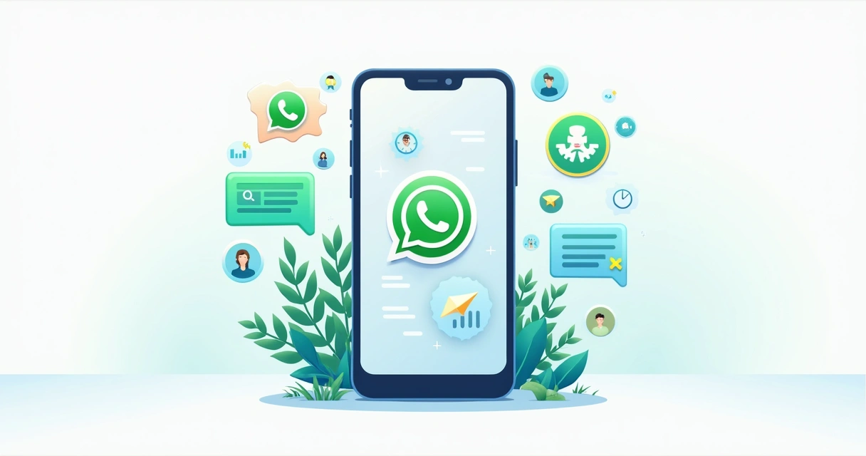 Ilustração corporativa flat de smartphone exibindo chat do WhatsApp com ícones de automação e gráficos de métricas ao redor