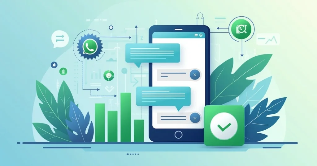 Ilustração corporativa mostrando automação de gestão em WhatsApp para empresas, com gráficos e mensagens automáticas