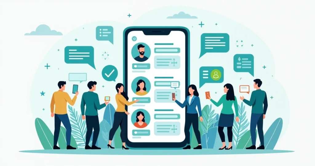 Ilustração corporativa de pessoas interagindo em grupos de WhatsApp com gráficos de engajamento ao fundo