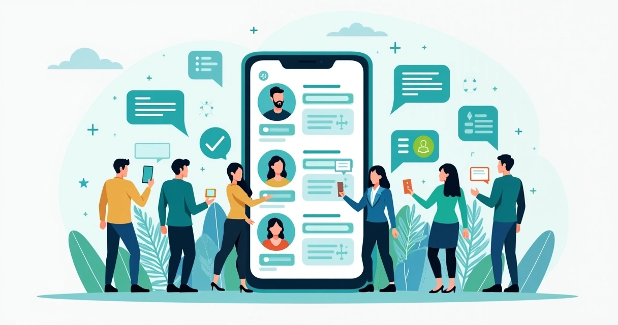 Ilustração corporativa de pessoas interagindo em grupos de WhatsApp com gráficos de engajamento ao fundo