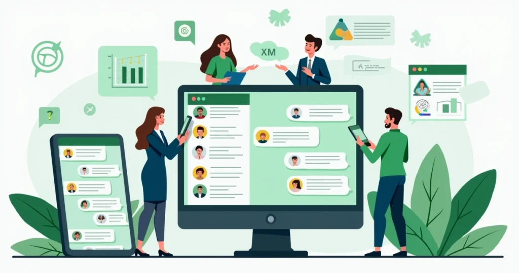 Ilustração corporativa de pessoas interagindo em grupos de WhatsApp com gráficos e ícones de métricas ao fundo