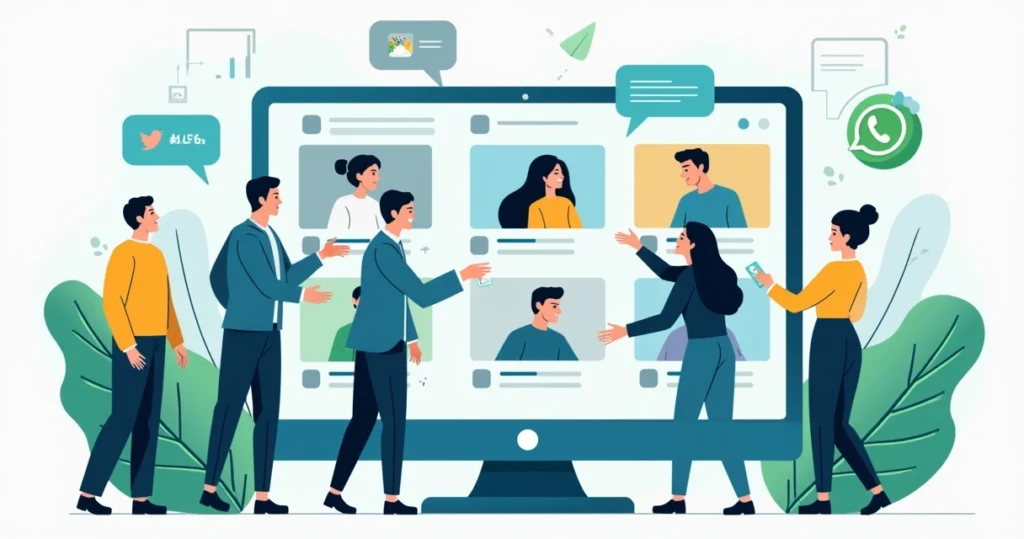 Ilustração corporativa mostrando pessoas interagindo em grupos de WhatsApp em uma interface digital com gráficos de métricas ao fundo