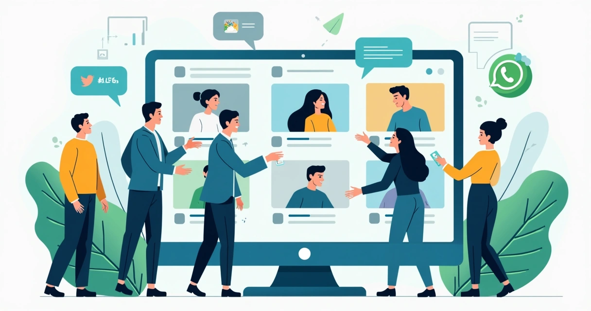 Ilustração corporativa mostrando pessoas interagindo em grupos de WhatsApp em uma interface digital com gráficos de métricas ao fundo