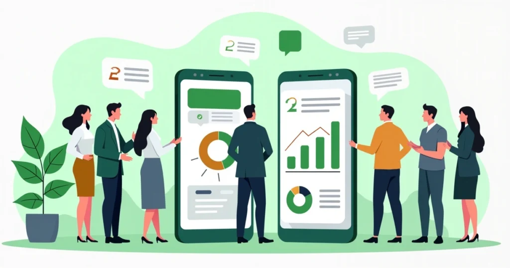 Ilustração corporativa e plana mostrando pessoas em volta de smartphones com gráficos de métricas e ícones do WhatsApp ao fundo