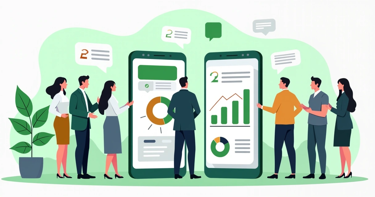 Ilustração corporativa e plana mostrando pessoas em volta de smartphones com gráficos de métricas e ícones do WhatsApp ao fundo