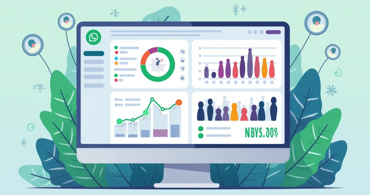 Ilustração corporativa mostrando dashboard com gráficos e métricas do WhatsApp em tela de computador