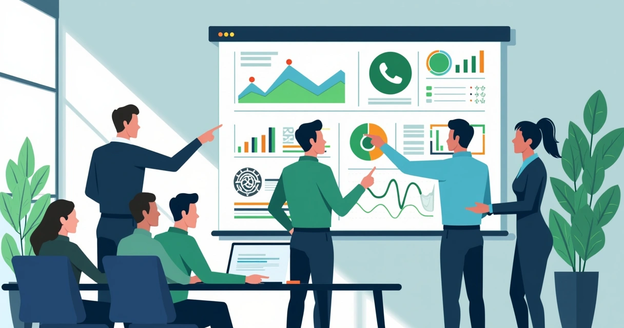 Ilustração corporativa flat mostrando gerenciamento de métricas com inteligência artificial para grupos de WhatsApp
