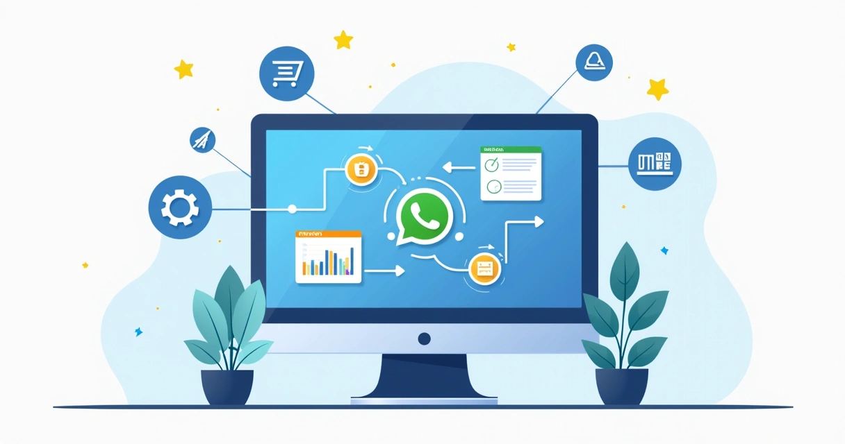 Ilustração corporativa mostra integração entre WhatsApp e sistemas CRM com gráficos de métricas e relatórios automáticos no computador
