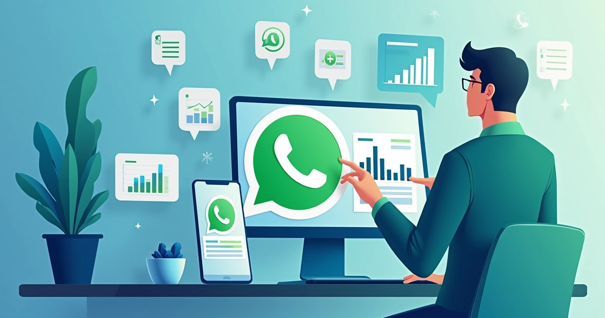 Ilustração de um profissional digital coordenando grupos de WhatsApp com gráficos e métricas ao fundo
