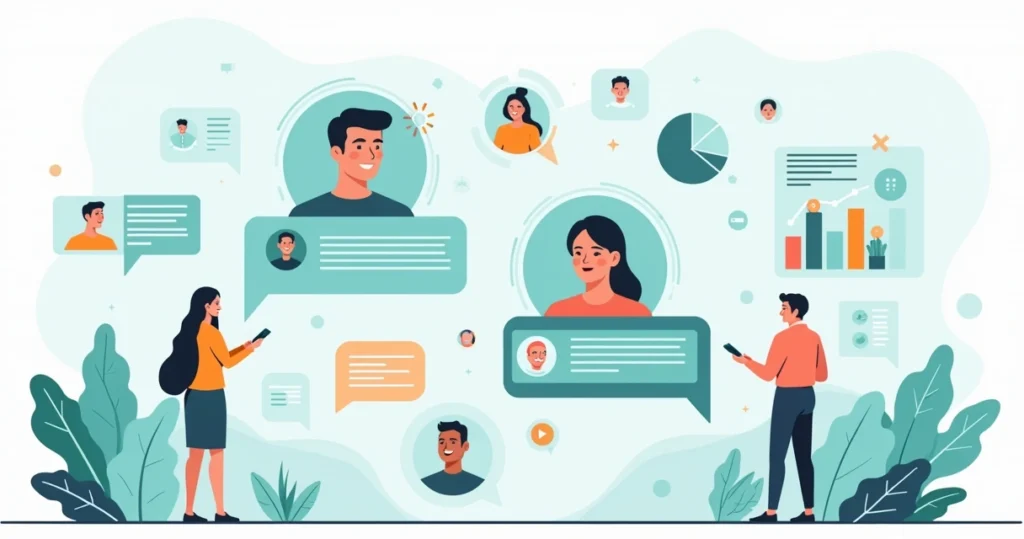 Ilustração corporativa flat mostrando pessoas interagindo em grupos de WhatsApp com gráficos de engajamento e métricas ao redor