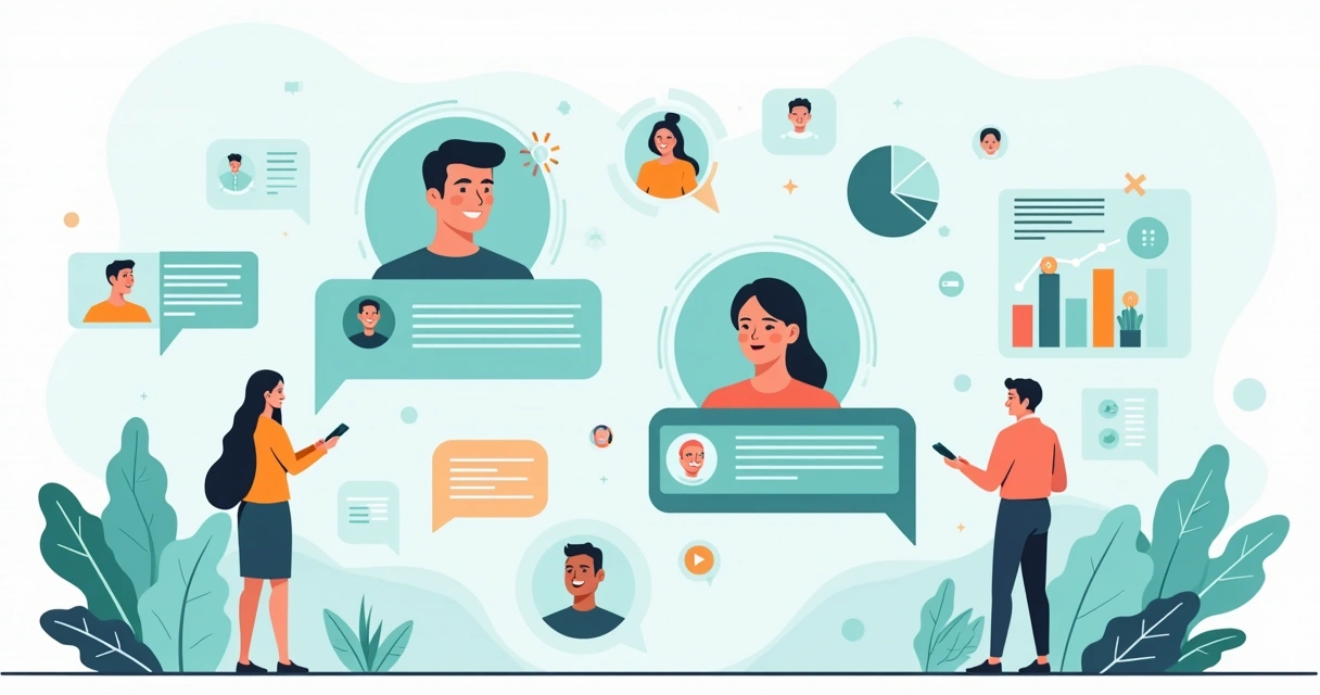 Ilustração corporativa flat mostrando pessoas interagindo em grupos de WhatsApp com gráficos de engajamento e métricas ao redor
