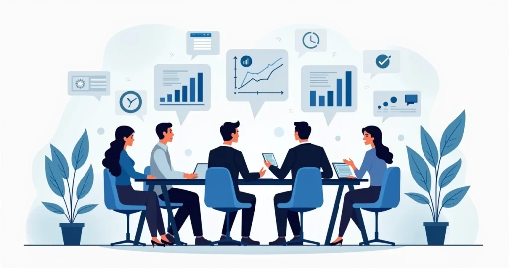 Ilustração corporativa de pessoas em grupo discutindo métricas e dados em ambientes digitais