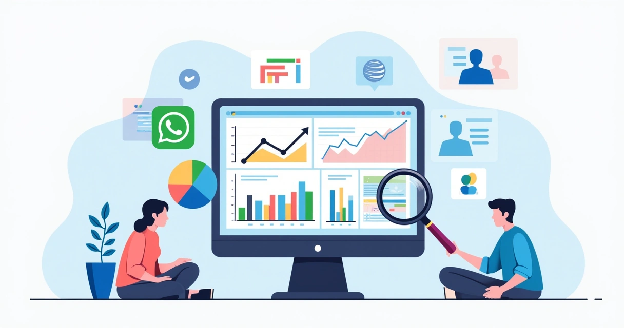 Ilustração corporativa mostrando dashboard com gráficos e métricas de engajamento em grupos de Whatsapp