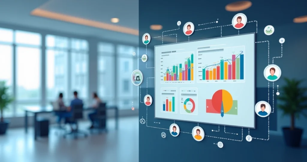 Painel digital ilustrado mostrando gráficos e permissões de acesso em uma interface corporativa