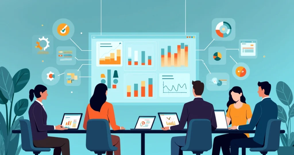 Ilustração corporativa mostrando análise de dados e automação de atividades com gráficos e ícones digitais