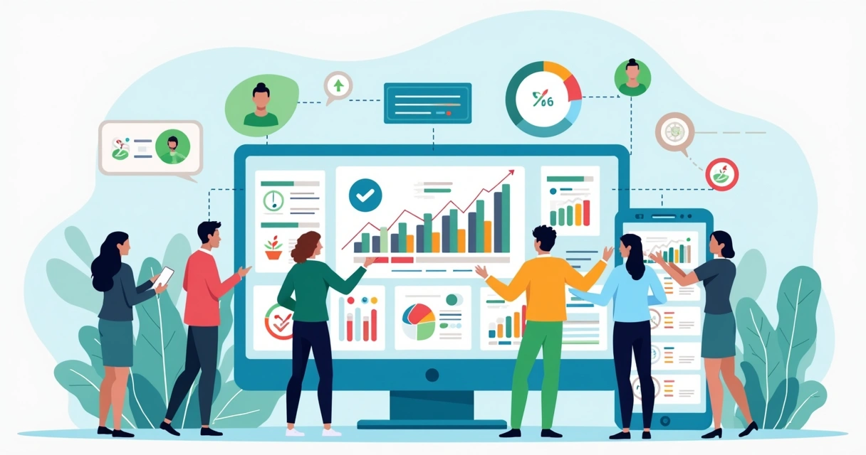Ilustração corporativa de pessoas interagindo com gráficos e métricas na tela de dispositivos digitais