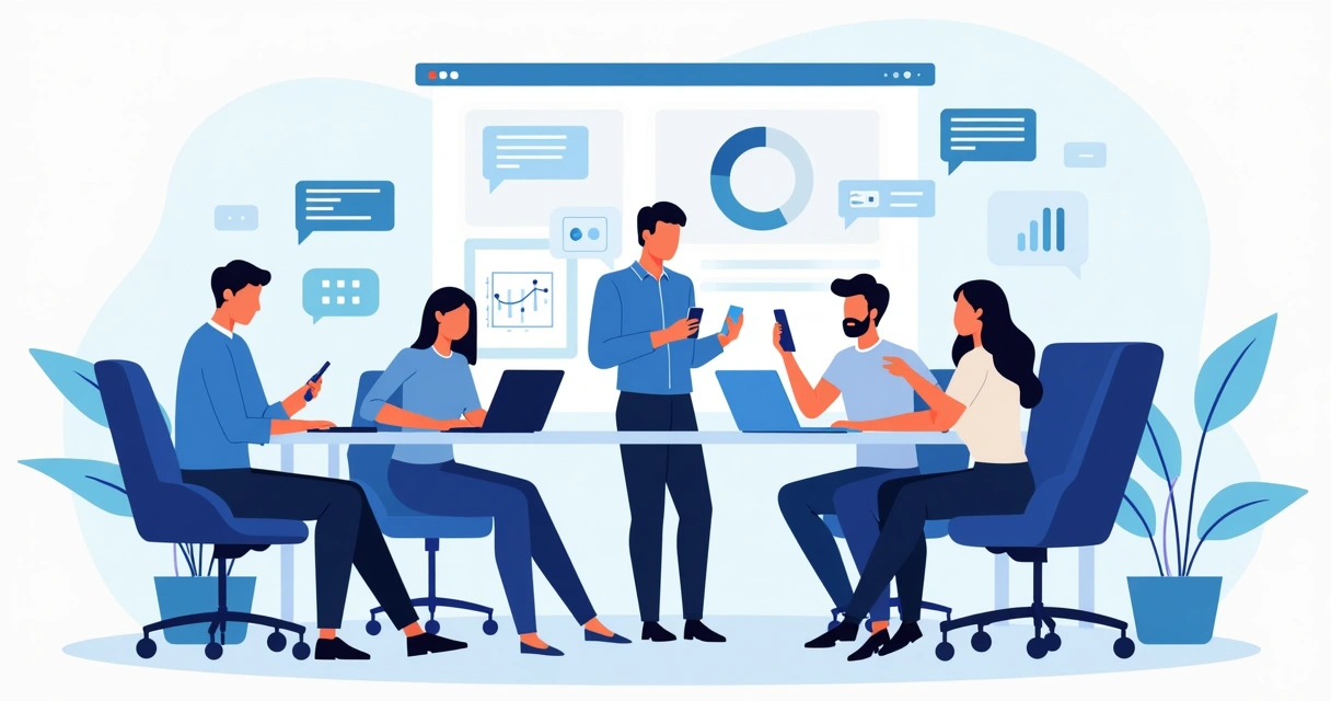 Ilustração corporativa plana mostrando pessoas interagindo com notificações em dispositivos móveis dentro de um ambiente de escritório digital
