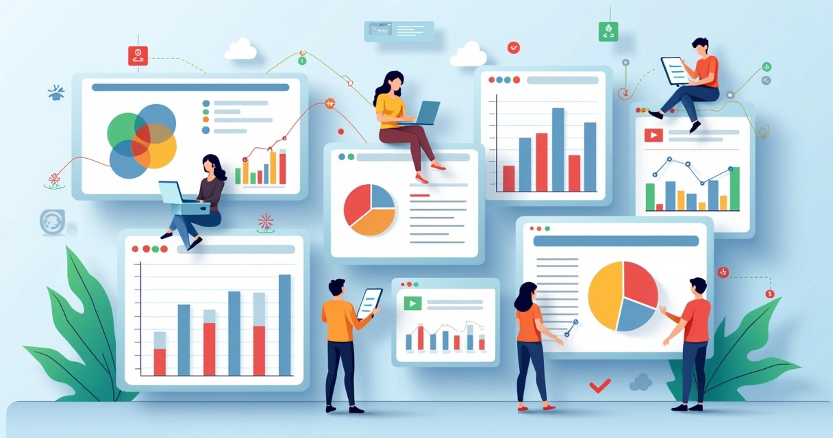 Ilustração corporativa mostrando gráficos e dashboards conectando dados de múltiplos grupos com ícones de pessoas e análises de engajamento