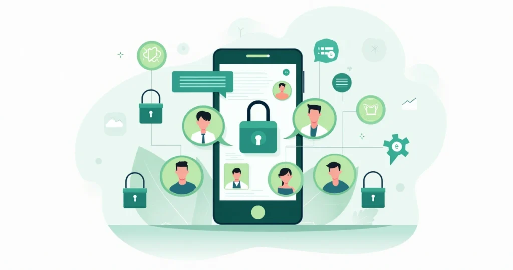 Ilustração corporativa mostrando proteção de dados em grupos de WhatsApp com cadeado digital e ícones de engajamento