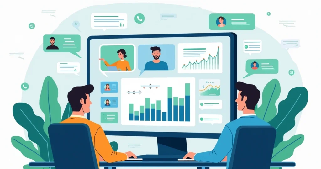 Ilustração corporativa mostrando equipe analisando métricas de conversas em múltiplos grupos de Whatsapp em telas digitais