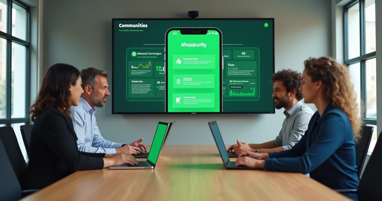 Painel com grupos e subgrupos de WhatsApp sendo gerenciados por equipe de marketing