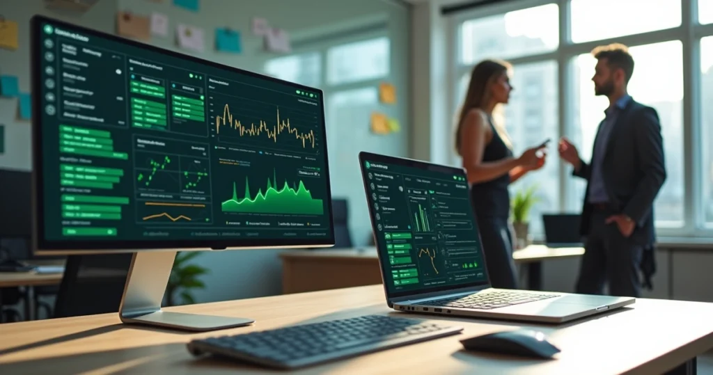 Painel com vários grupos WhatsApp e gráficos de analytics em telas de computador