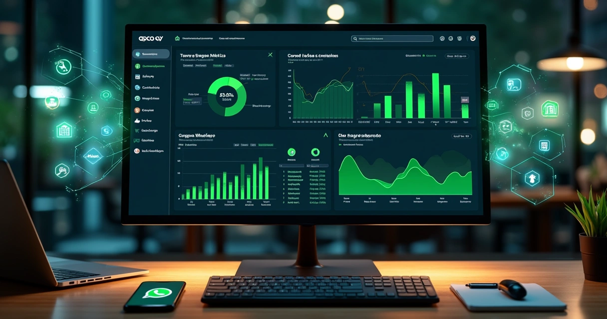 Painel de analytics com métricas da API do WhatsApp Business em tela de computador