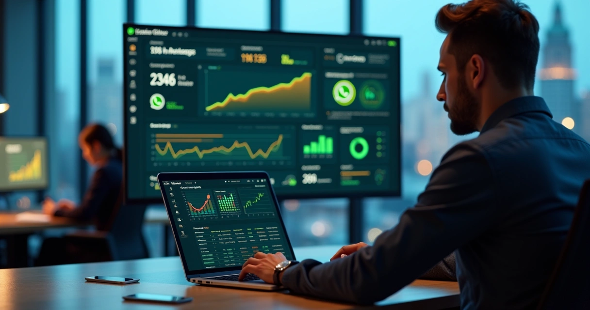 Gestor analisando painel de relatórios automatizados de grupos WhatsApp em um notebook