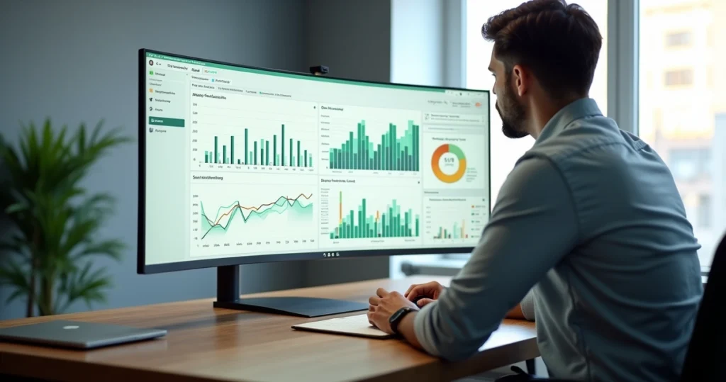 Gestor analisando dashboard de engajamento de grupos WhatsApp em tela ampla