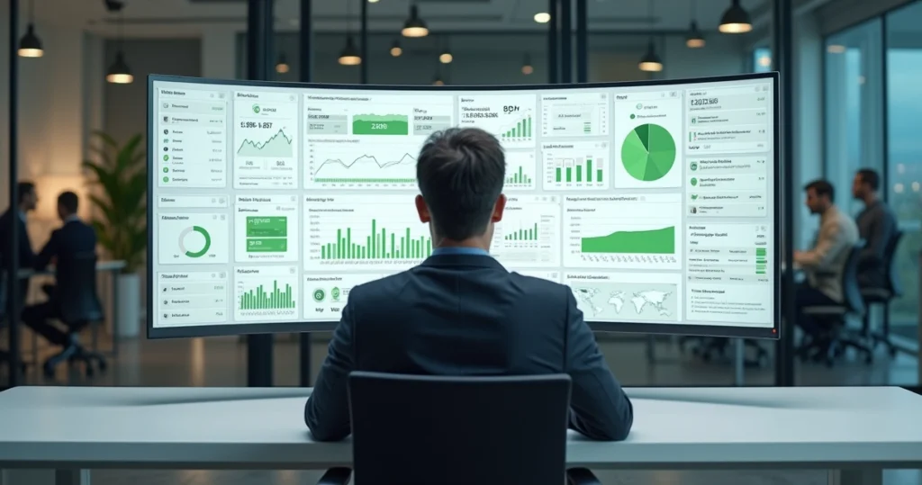 Gestor analisando dashboard com dezenas de grupos WhatsApp e métricas em tela grande