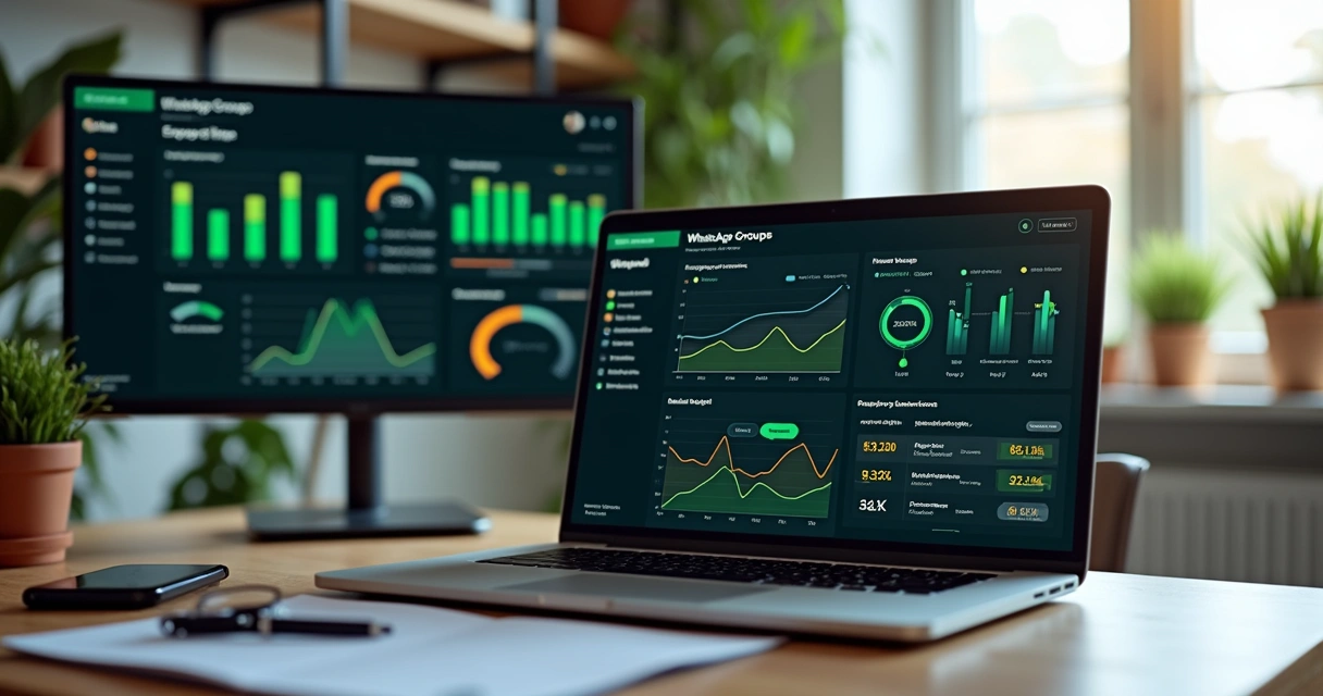 Dashboard com métricas avançadas de grupos WhatsApp em tela de laptop