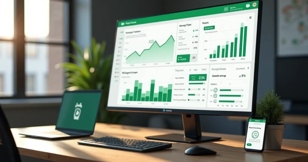 Dashboard com KPIs de grupos WhatsApp em tela grande de computador