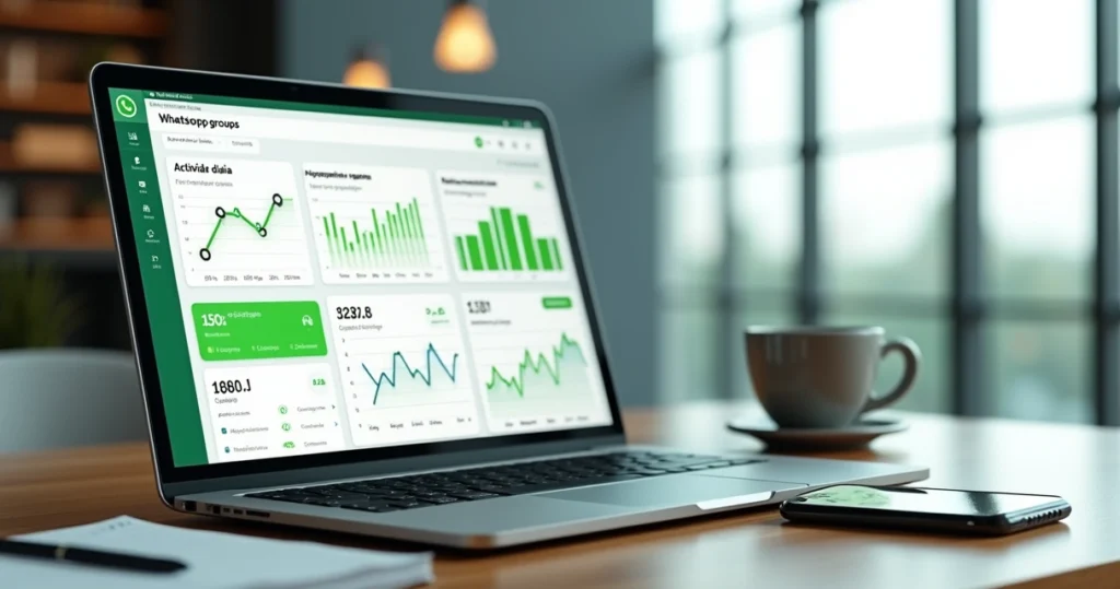Dashboard com métricas de engajamento em grupos WhatsApp em tela de notebook