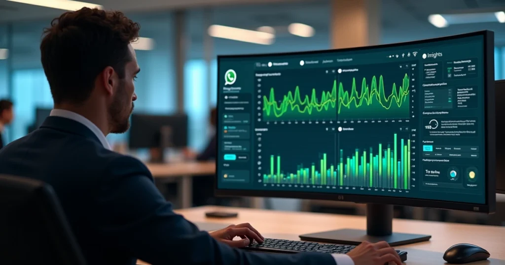Gestor analisando dashboard de métricas de grupos WhatsApp em ambiente corporativo