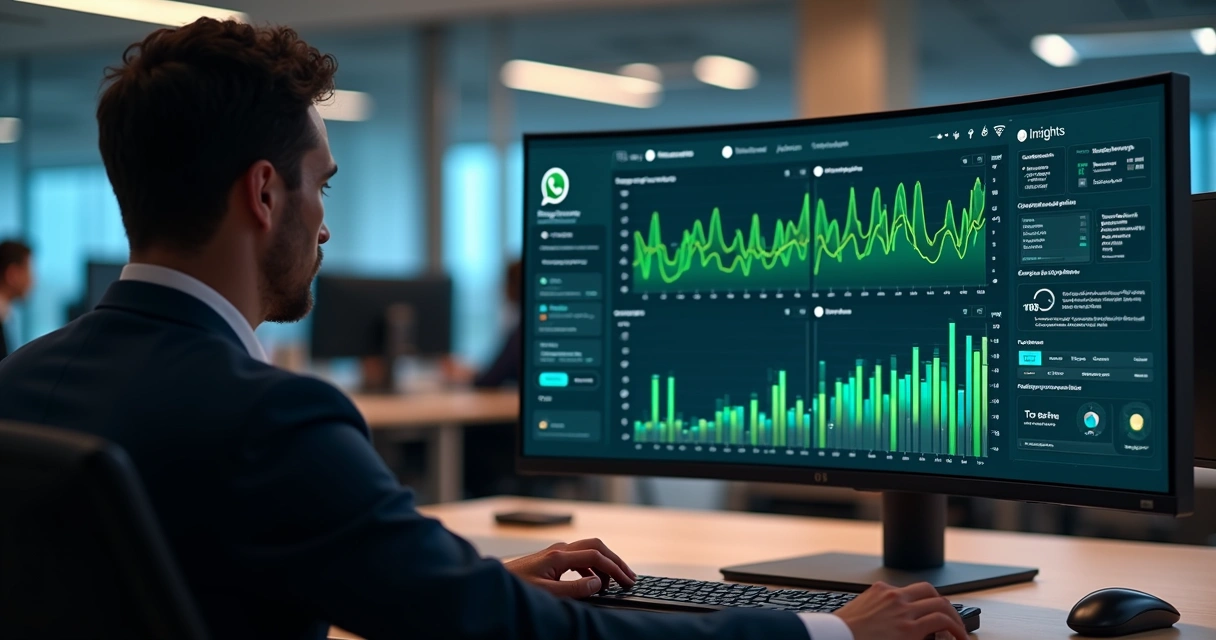 Gestor analisando dashboard de métricas de grupos WhatsApp em ambiente corporativo
